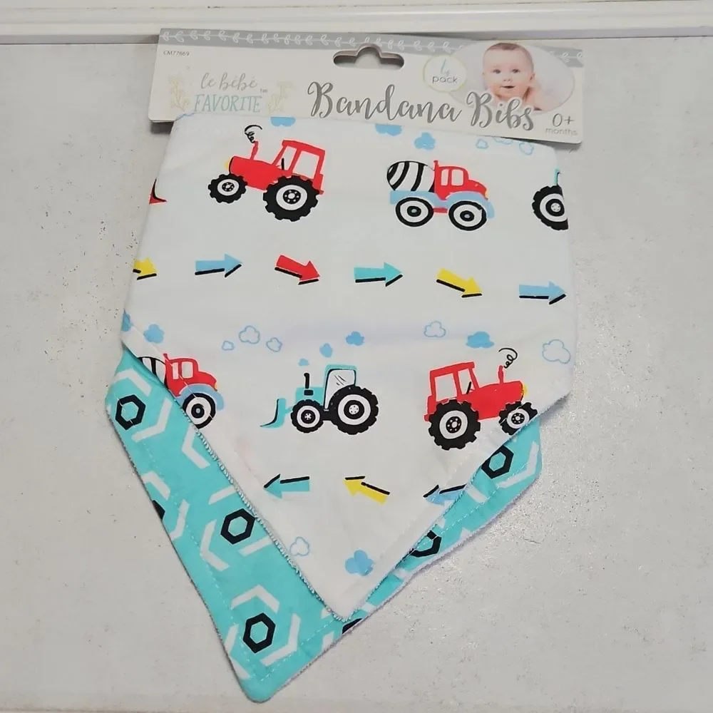 NWT Le Bebe Tractor and Geometric Bandana Bibs and Gerber Beanie Hat Set